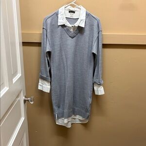 Gray V-Neck Sweater Dress with White Collar